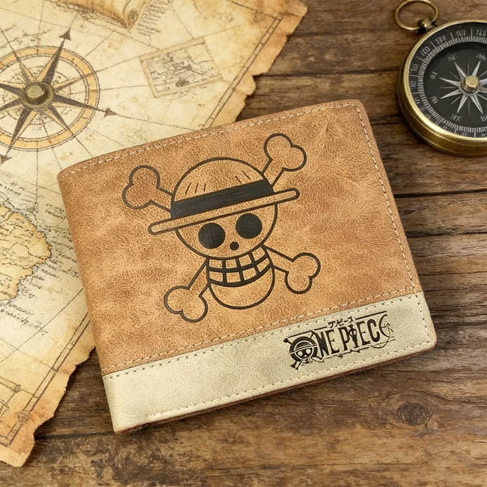 Anime One Piece Kurze PU-Geldbörse Hochwertige Modische Geprägte Herren-Kurzbörse Cartoon-Charakter Luffy Skelett Jungen-Geldbörse