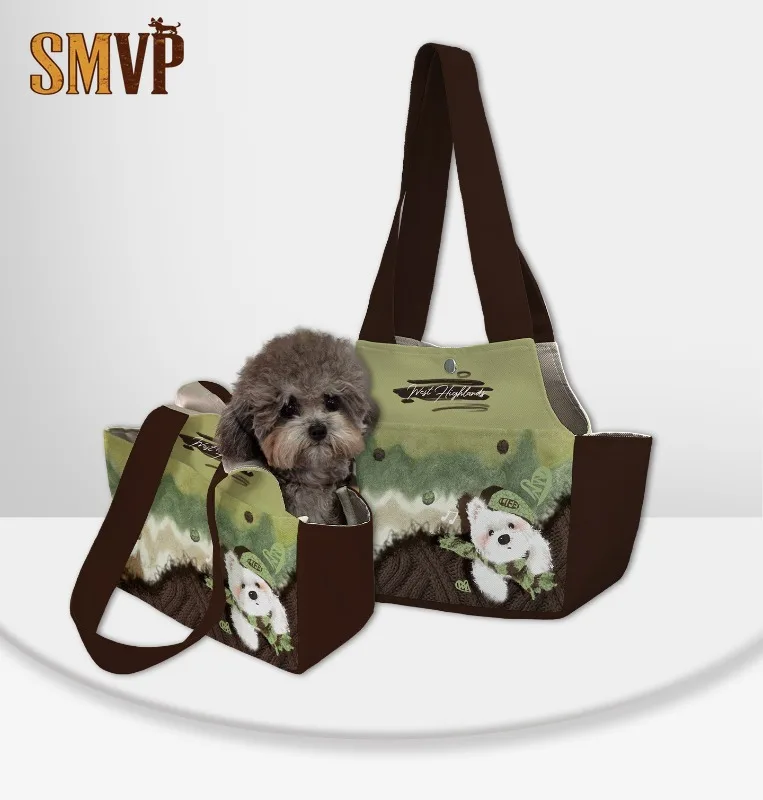 

Cute Bear Print Pet Tote Bag Green And Brown Themed Dog Carrier Portable Travel Shoulder Bag For Small Pets Dog Backpack