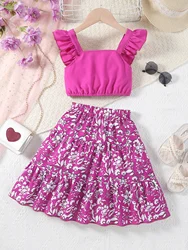 Girl's summer small flying sleeve solid color vest+floral print half skirt set casual half skirt two-piece set