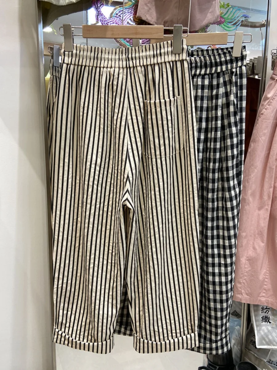 고급 여성용 스트라이프 하란 팬츠 여름 루즈 스트레이트 레그 와이드 레그 팬츠 소형 사이즈 나인 포인트 올드 대드 팬츠