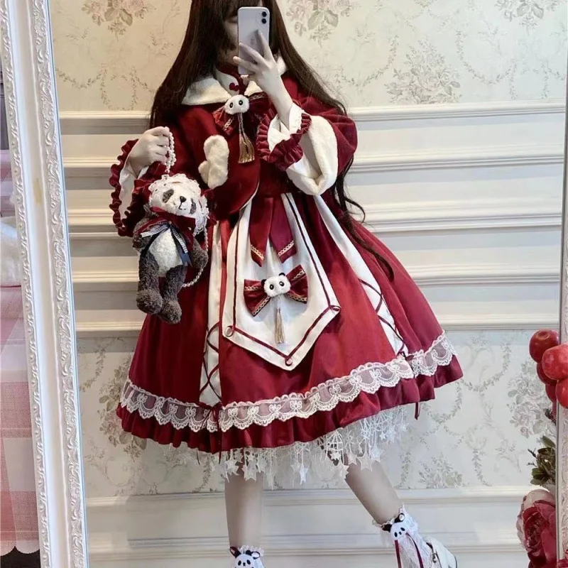 Saia Lolita estilo chinês com manga comprida Panda, vestido Lolita vermelho op, novo