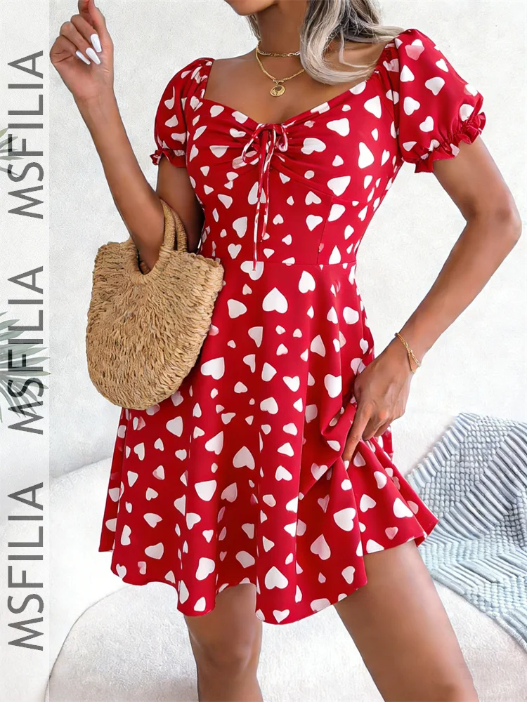 Msfilia Women's Spring V Neck Short Sleeve Single Breasted Pleated Printed Dress For Fashion Chic High Waist Dresses