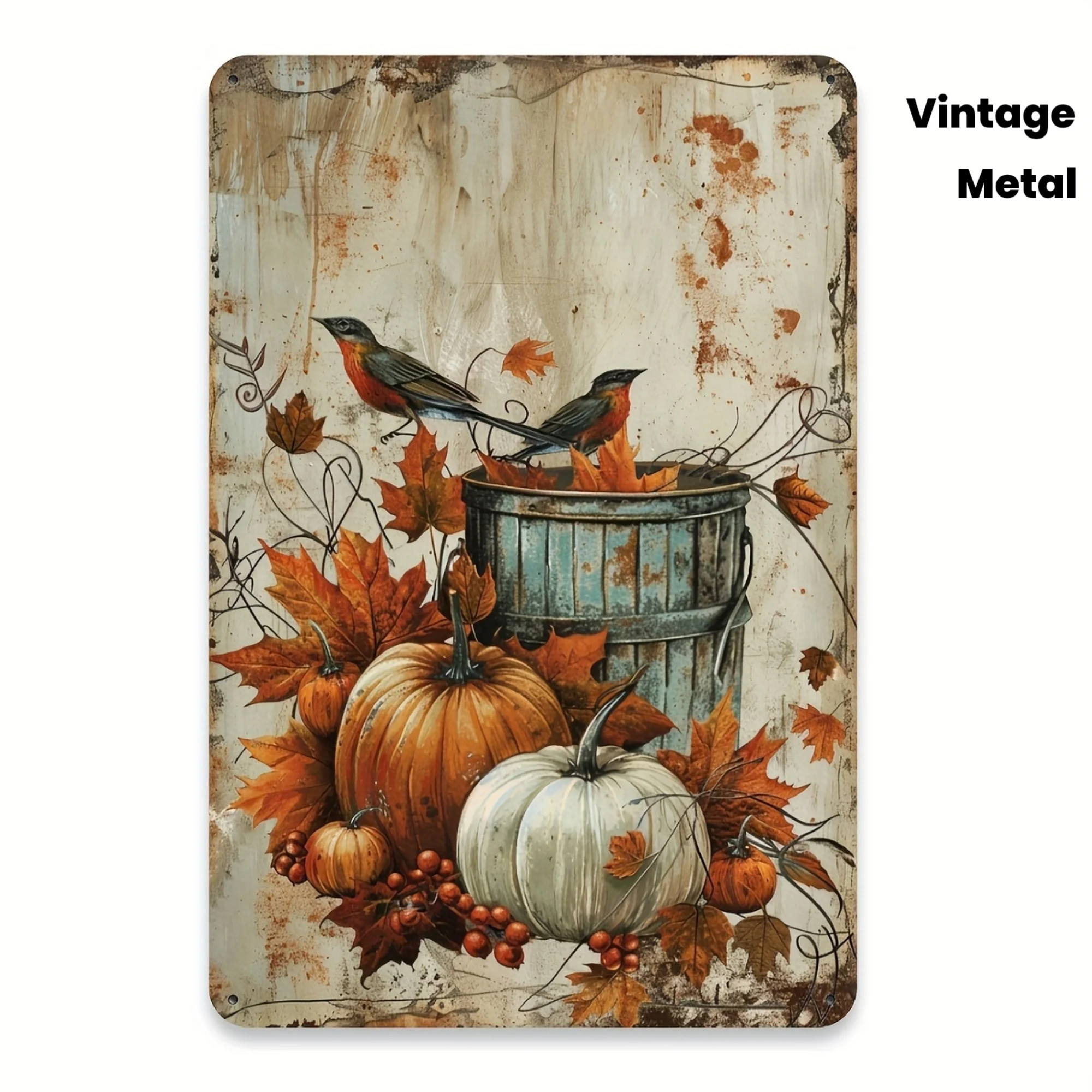 2D Flat One Piece 8x12 Inch Metal Sign Featuring Autumn Pumpkins and Birds Art for Fall Harvest Home Wall Decor