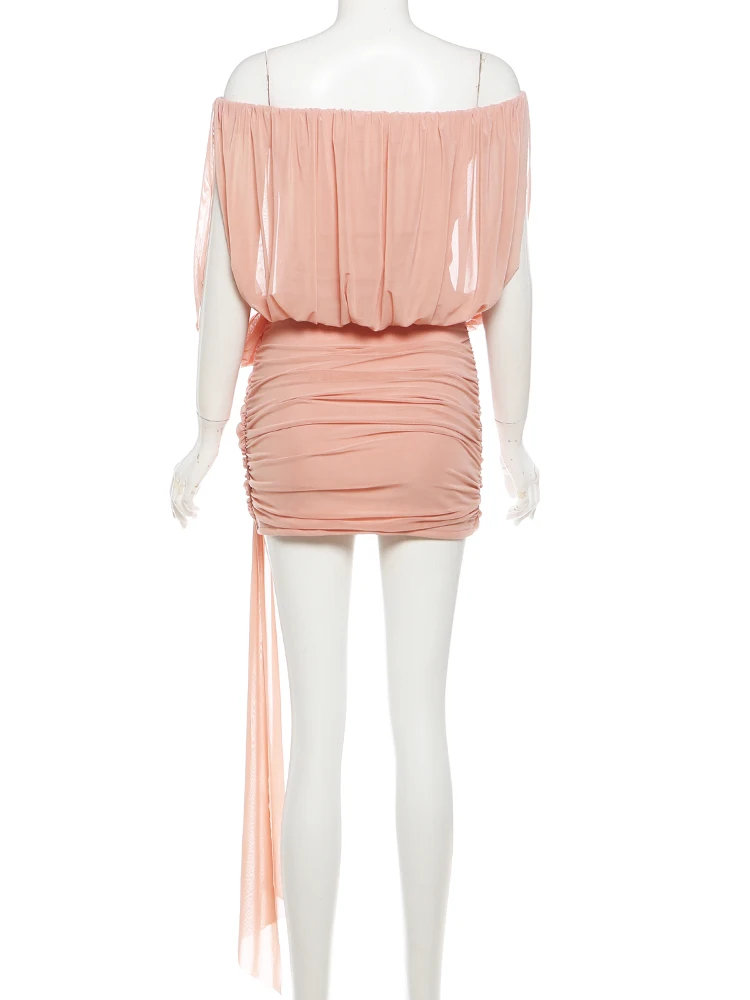 Sisterlinda Folds Tassel Slash Neck Dress Damen Mesh Solid Sweet Elegant Summer Trend Vacation Prom Party Classic Mini Bodycon – Detail 6