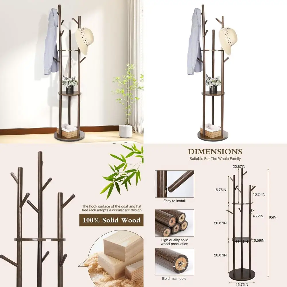 

3-Tier Walnut Coat Rack with 9 Hooks, Freestanding for Entryway, Bedroom, Living Room, and Hallway