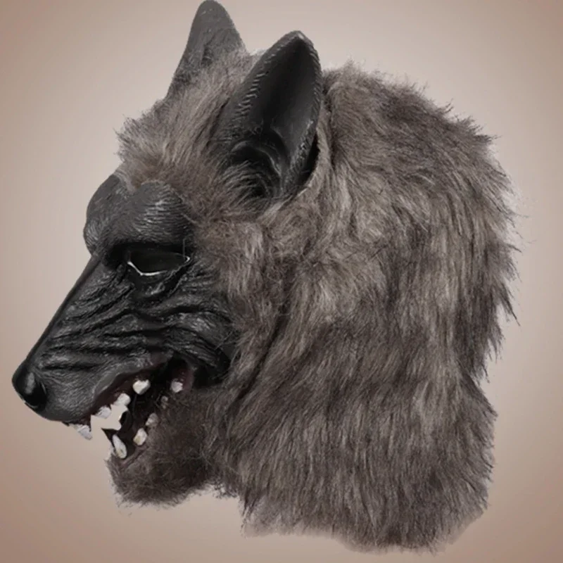 Gorro para adultos, máscara aterradora para fiesta de disfraces de Halloween, Animal realista, Lobo, Cosplay, tocado con piel y dientes