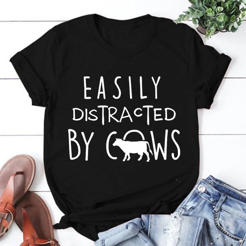 New Easily Distracted By Cows Printing T Shirt Unisex Casual Tops Harajuku Short Sleeve