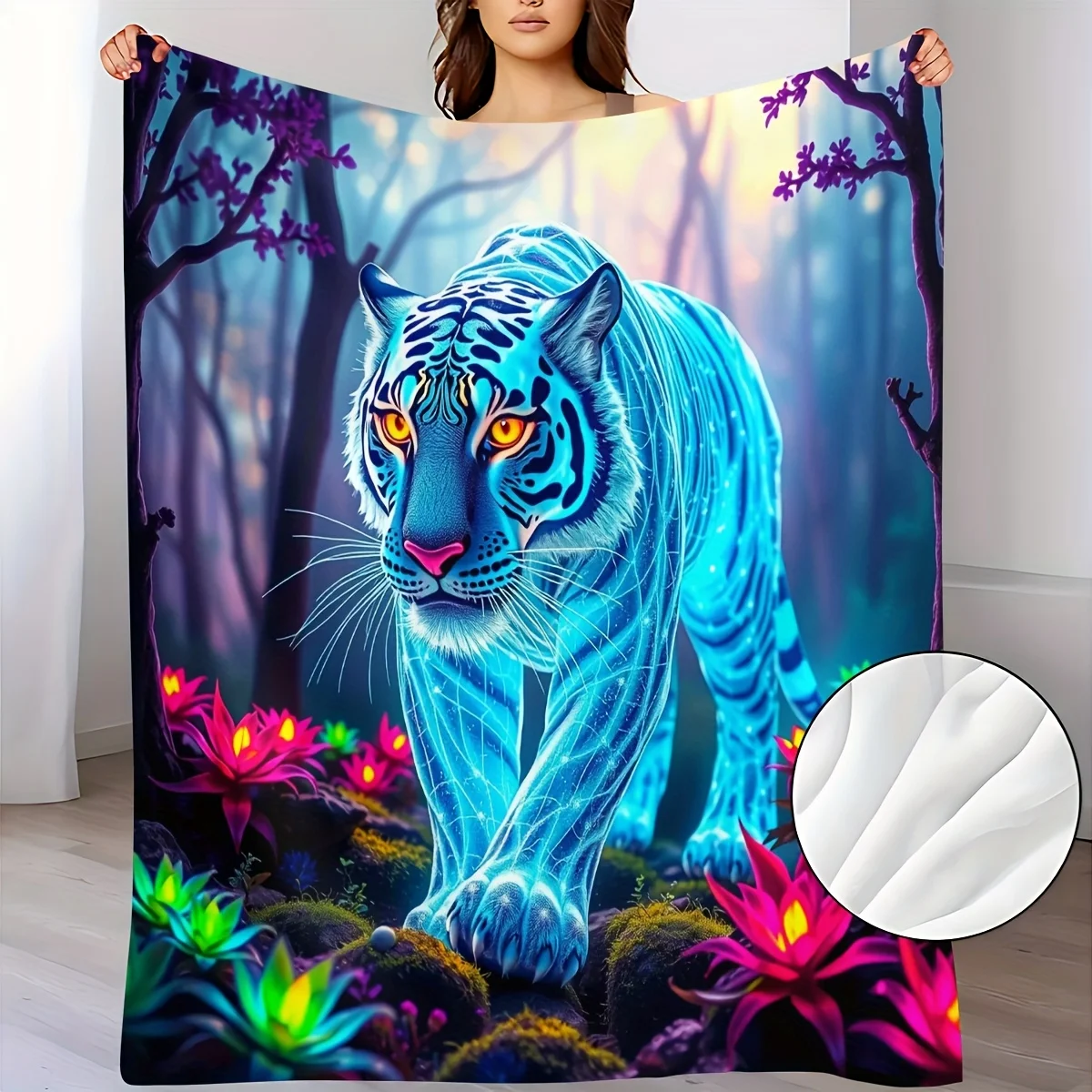 Luminous Tiger Print Flannel Blanket - Soft Warm All-Season Throw for Home, Office, Camping & Travel - Vibrant Blue & Pink Tiger