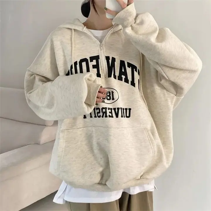 Sweatshirt Dames Capuchon Lente, Herfst En Winter Dikke Fleece Dunne Lente Herfst Winter Losse Verdikte Sweatshirt Halflang