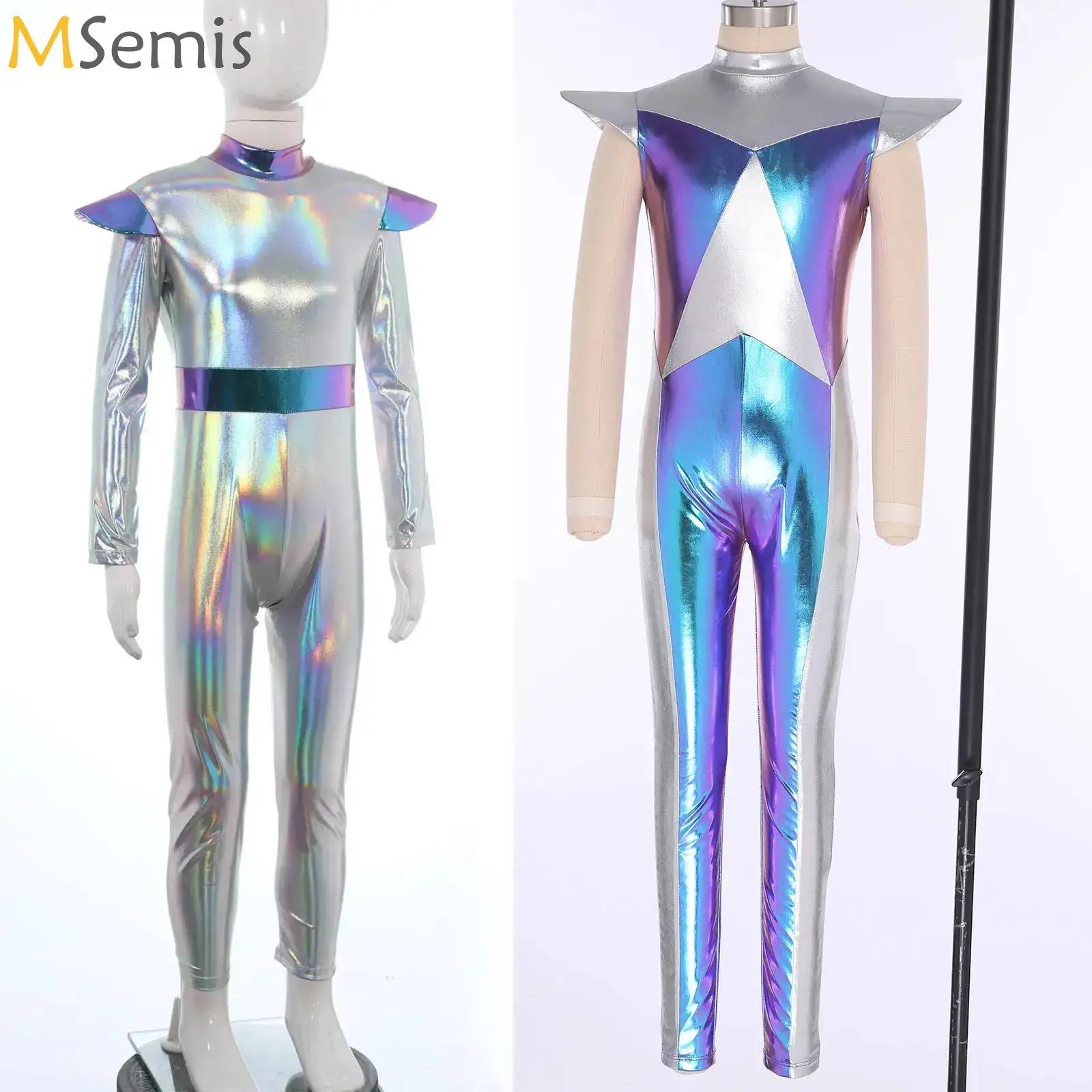 

Girls Shiny Metallic Alien Outerspace Halloween Cosplay Costume Sleeveless/Long Sleeve Jumpsuit Dress Up for Future World Party