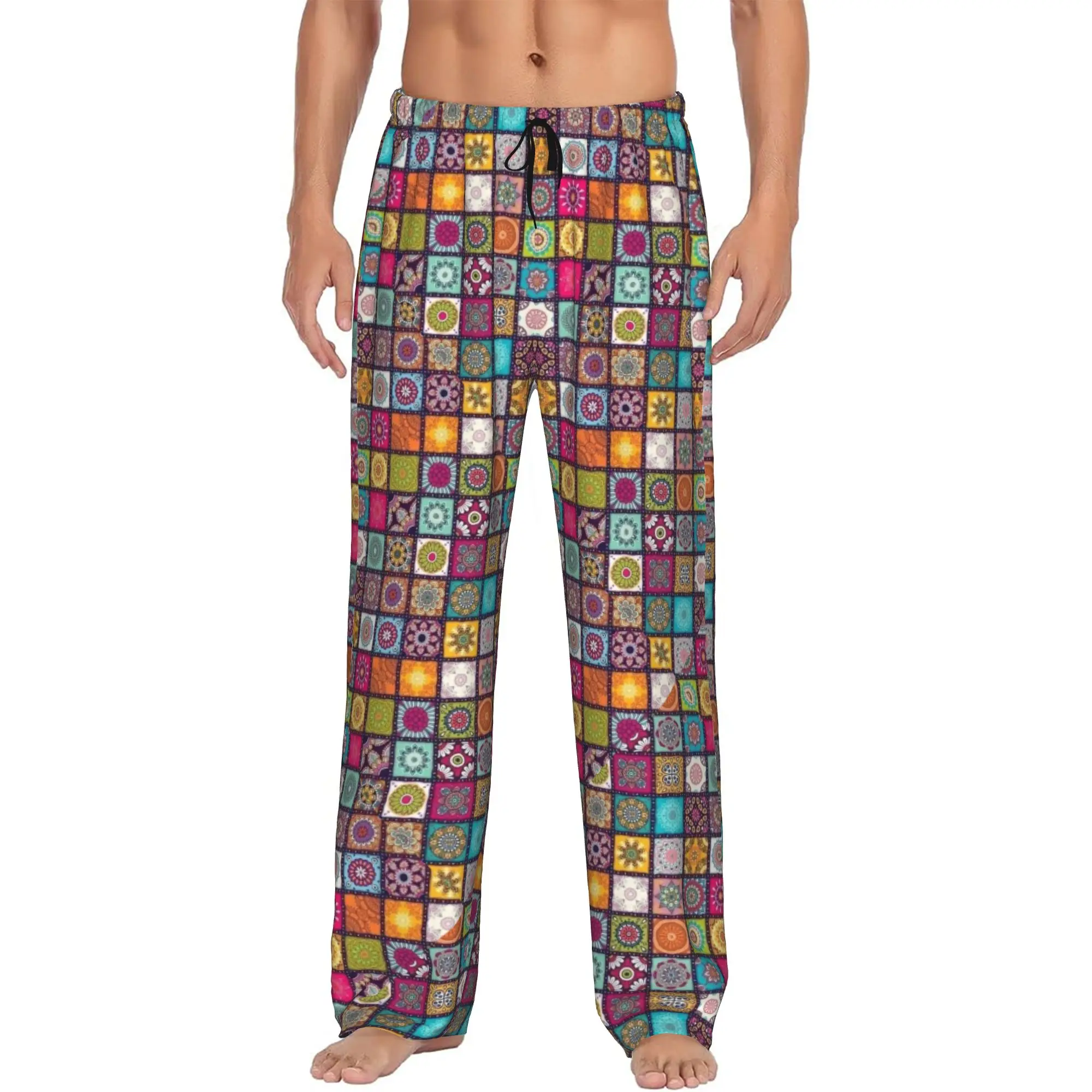 Custom Colorful Mexican Otomi Pajama Pants Sleepwear Men Elastic Waistband  Sleep Lounge Bottoms with Pockets