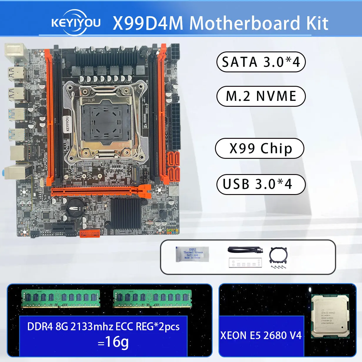 KEYIYOU X99D4M LGA 2011-3 motherboard kit xeon x99 Chip  2pcs X 8GB =16GB 2133MHz DDR4 memory E5 2680 V4 Kit