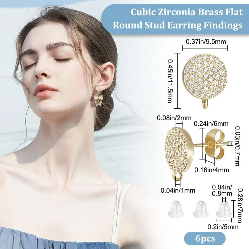 4 Pairs Flat Round Stud Earring Findings Cubic Zirconia Brass Golden Ear Studs with Hang Loop and Ear Nuts making kit