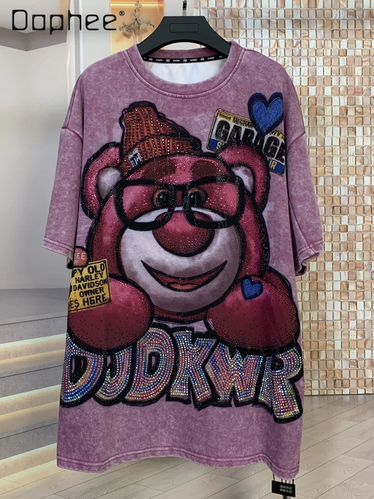 

Fashion Brand Heavy-duty Full Diamond Bear Cartoon Top Mid-length Loose Short Sleeve T-shirt for Women