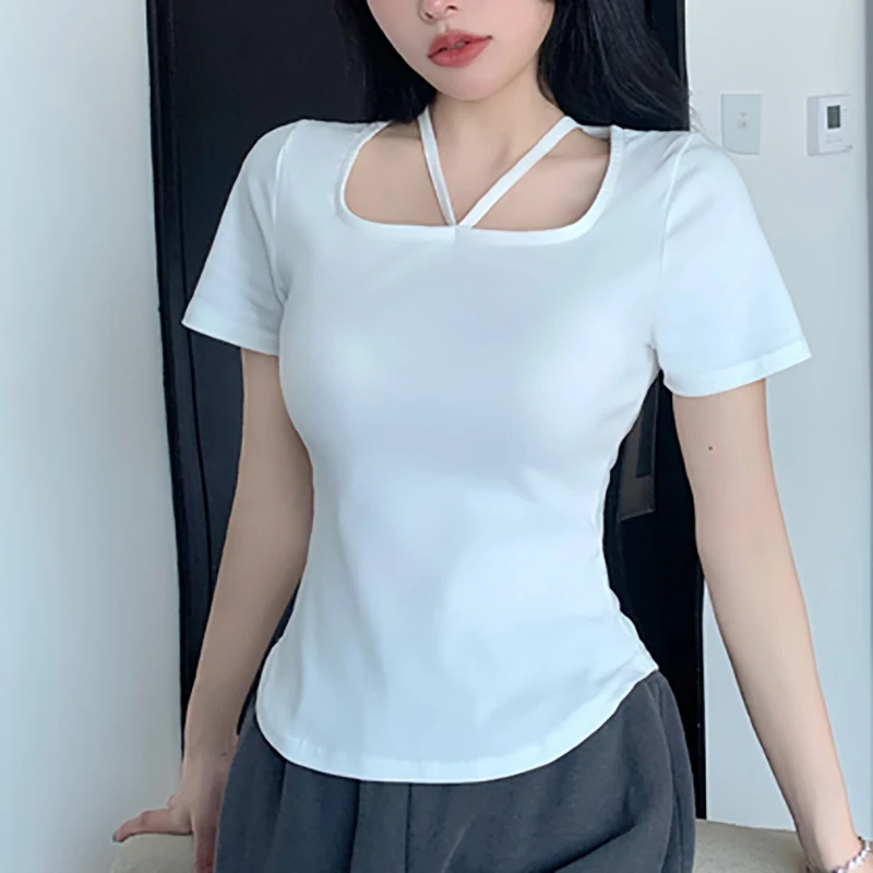 

White Skinny T Shirt Women Cotton Short Sleeve Tees Female Elastic Summer Crop Tops Womens Clothing T Shirts Camisetas De Mujer