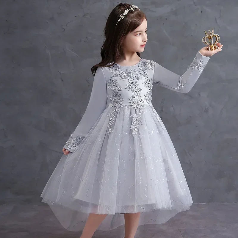 Vestido de princesa infantil, malha de renda, piano, menina, primavera, novo