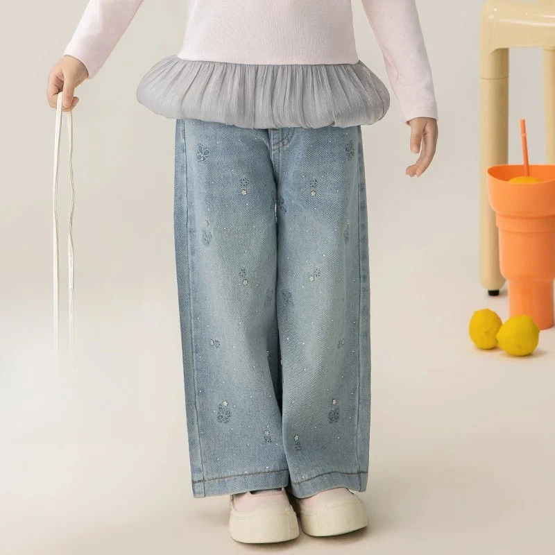 Starry Rhinestone 2026 Girls Fall Loose Jeans Stylish Drape Straight Pants Kids Washed Denim Casual Pants