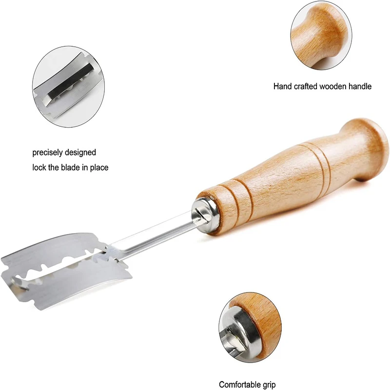 Bread Cutter Wooden Handle Bread Lame Slashing Tool With 5 Razor Blades Leather Cover Curved Dough Scoring Knife Baking Tool