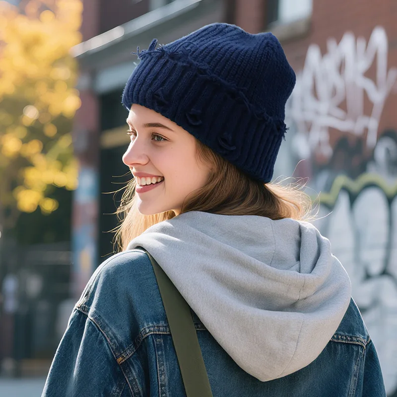 Women Korean Autumn Winter Knit Beanie Hole Design Warm Yarn Cap Versatile Face‑Slimming Casual Adult Fashion Headwear