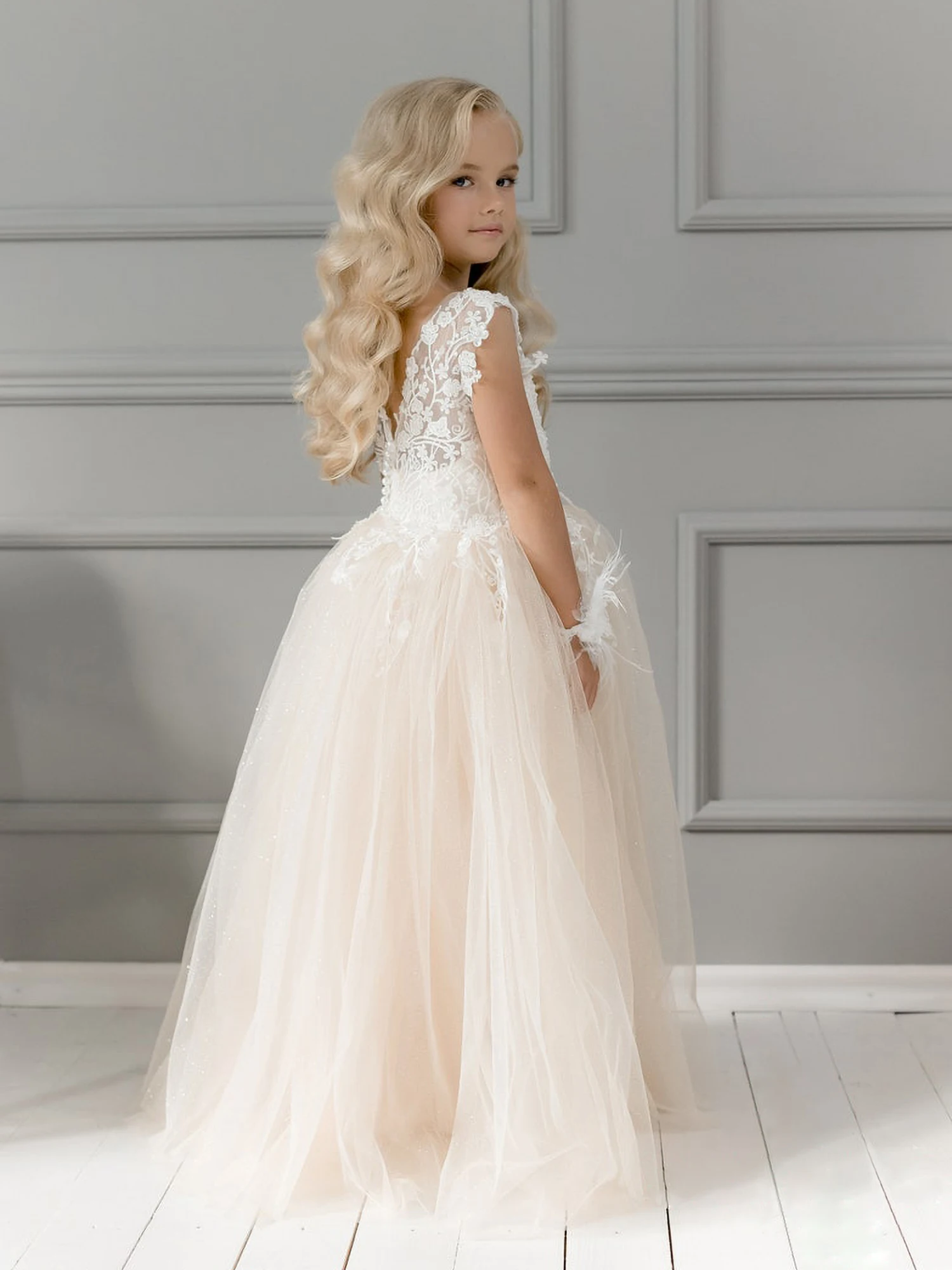 2022 Tulle Lace Flower Girl Dresses For Wedding Bridesmaid Kids Baby Children Long Princess Party First Communion Evening Dress