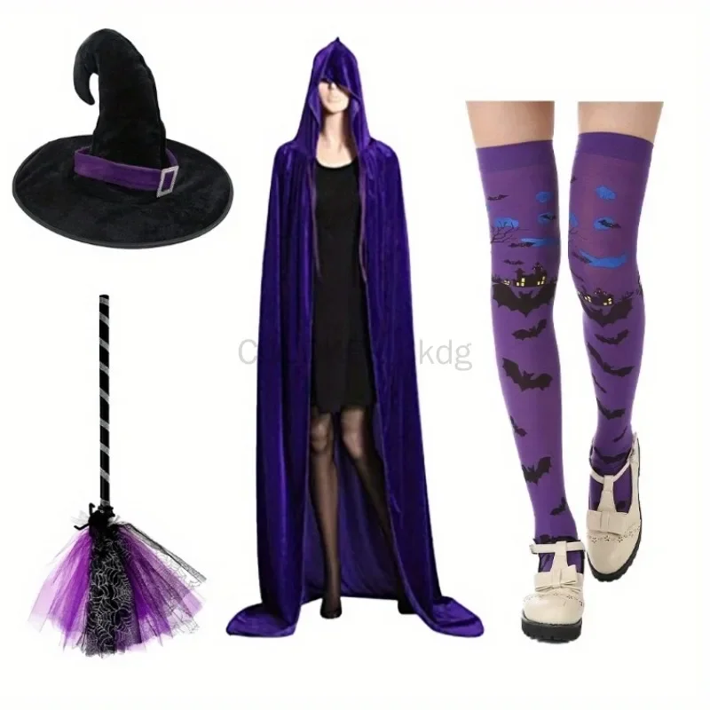 Halloween Witch Costumes Set Black Pointed Witch Hat Dark Purple Cosplay Wig Nylon Stockings for Women Performance Accessories