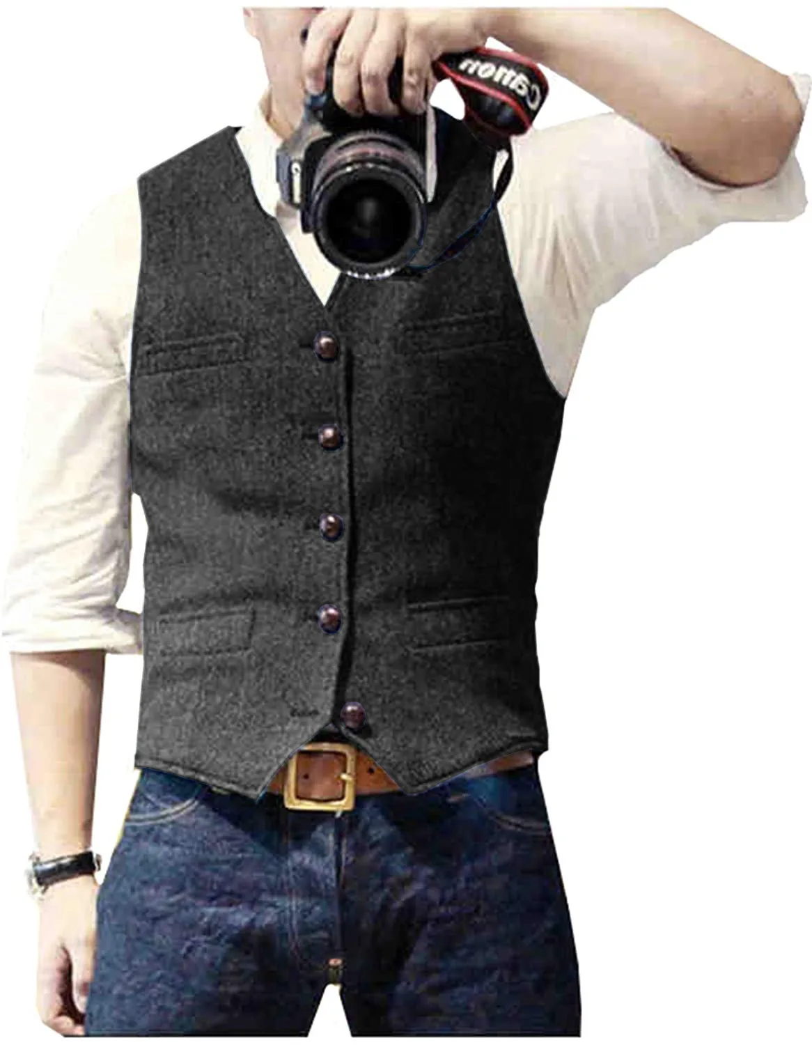Men's Suit Vest V Neck Wool Herringbone Tweed Casual Waistcoat Formal Business Vest Groomman image 5