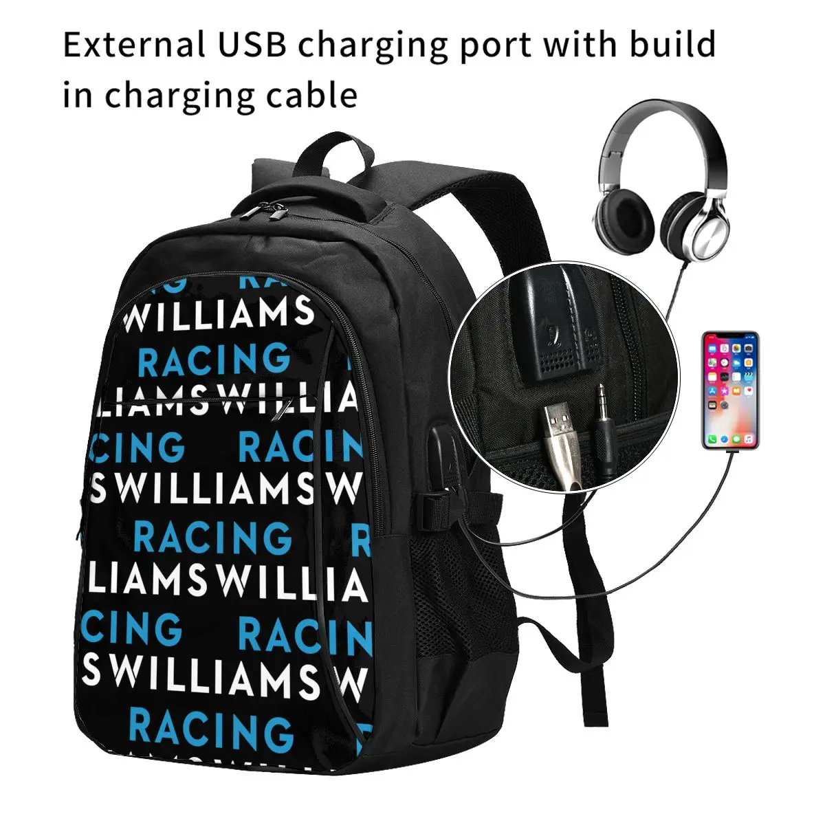 White Williams Racing Usb Backpacks Fashion Tote Travel Hiking Usb Port Notebook Bags