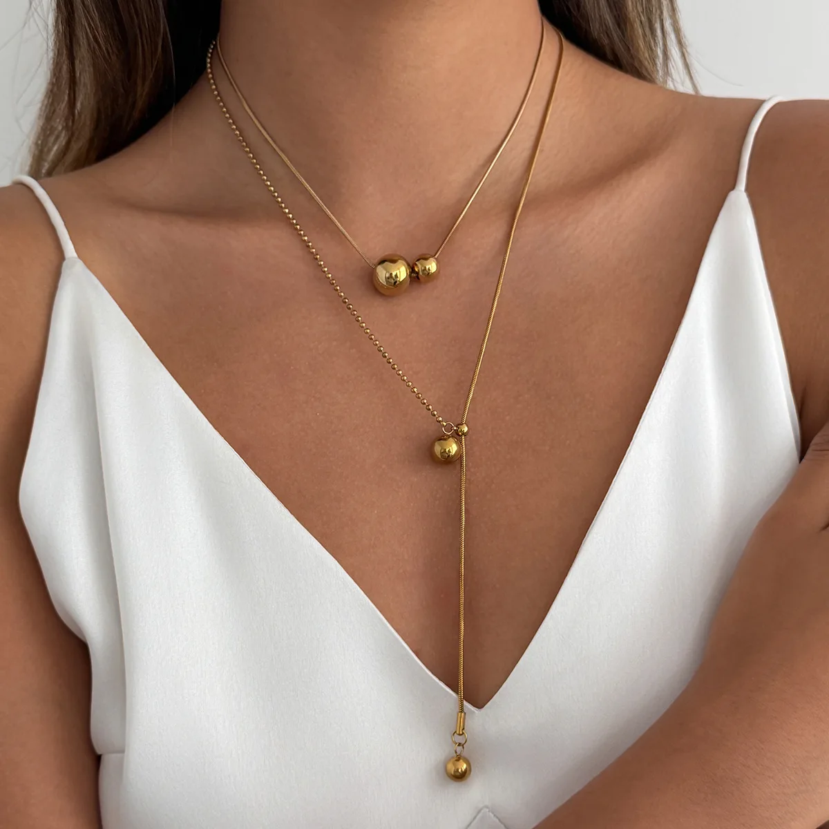 Necklace Adjustable Snake Chain Round Bead Pendant Tassel Stainless Steel High Quality Elegant Women for Vacation Beach