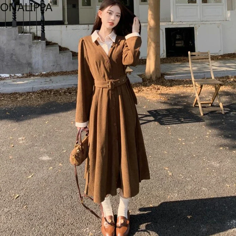 Onalippa Fake Two Piece Corduroy Dress for Women Contrast Patchwork Waist Belt A Line Dresses Korean Chic Design Vestidos