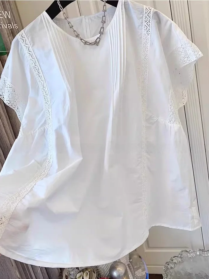 

plus Size Women's Shirt Lace Short Sleeve Doll Style Top French Style Loose Fit Breathable Polyester Summer Fashion Casual Wear