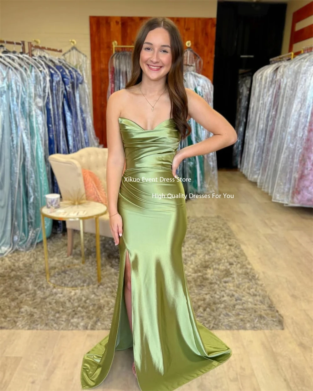 Xikuo فستان حفلات حورية البحر مطوي على شكل قلب وسحاب خلفي أنيق ذيل محكمة فستان سهرة مثير بشق فيستدوس دي فييستا مخصص