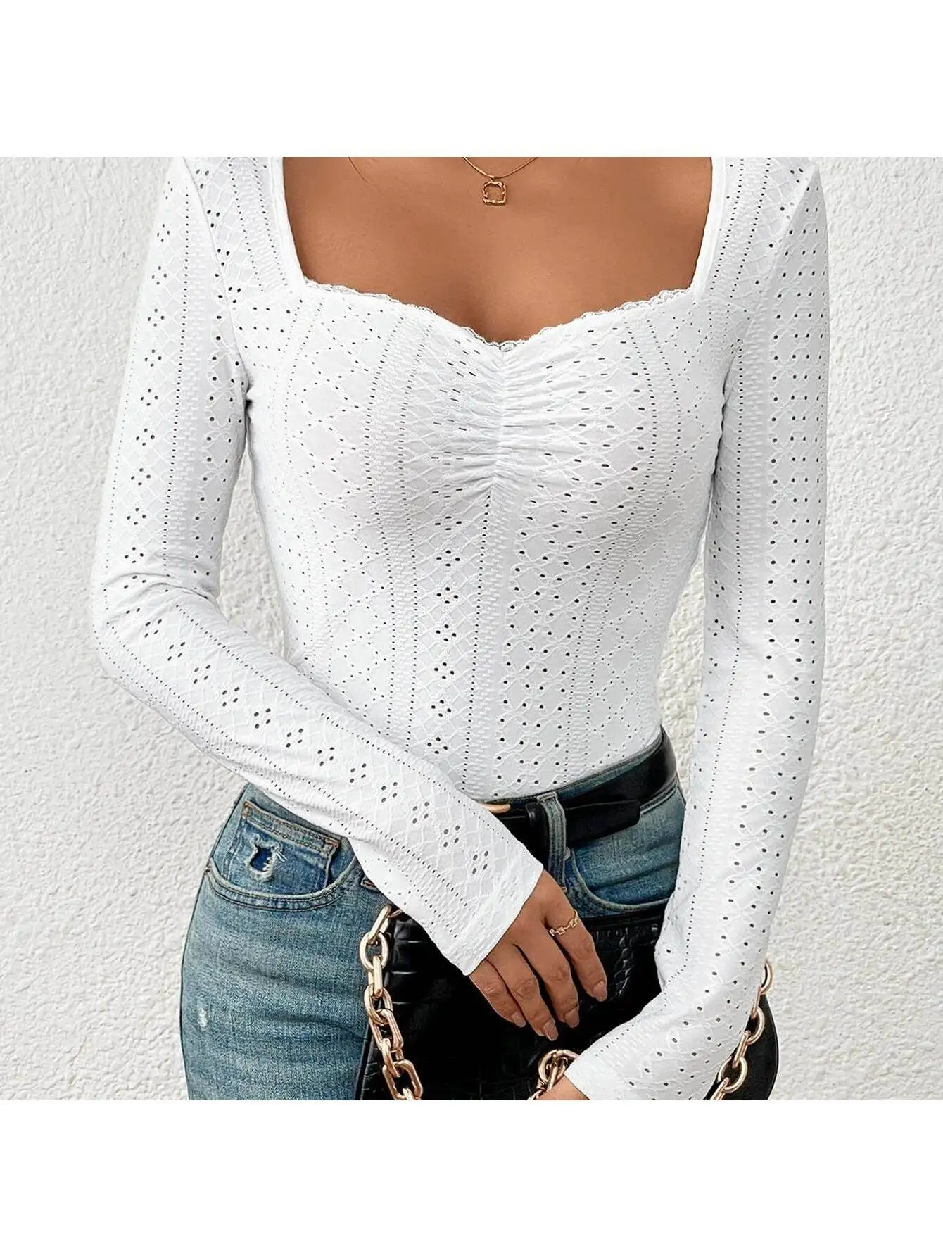 

Women's Long Sve T-irt Lace Decoration Pleated round Ne Casual Sle Faionable And Comfortable Fit for Autumn