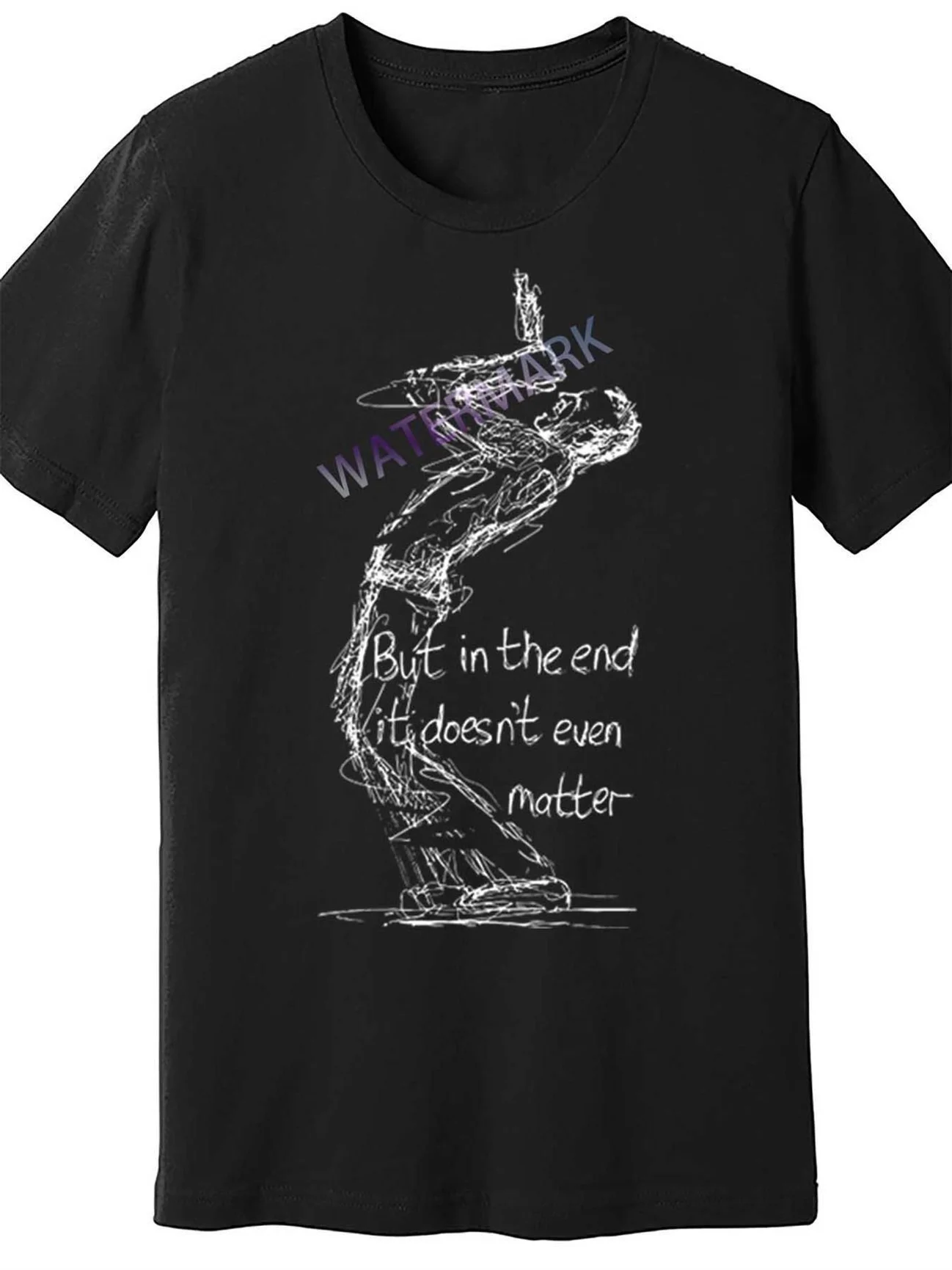 T-shirt graphique Tribute pour hommes - T-shirt rock noir à manches courtes avec paroles de 'But in The End It Doesn't Even Matter' et motif de note de musique, fabriqué en tissu extensible respirant, lavable en machine, parfait pour les concerts décontractés, les amateurs de musique