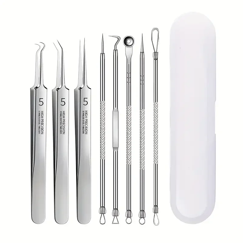 8 PCS Stainless Steel Acne Removal Tool Blackhead Extractor Kit Professional Comedone Tweezers Skin Care Blemish Needle Set