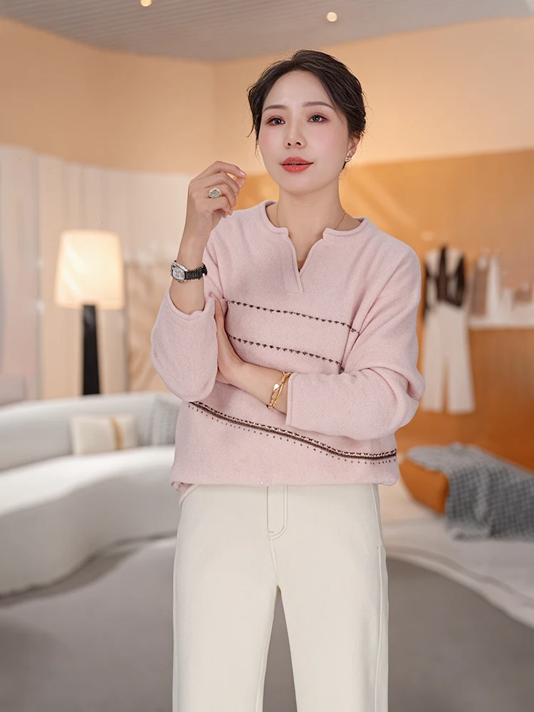 

Casual Knitted Sweater Women's Base Layer Loose Fit Striped Long Sve V-Ne Breathable Comfortable Wool Blend Autumn Top