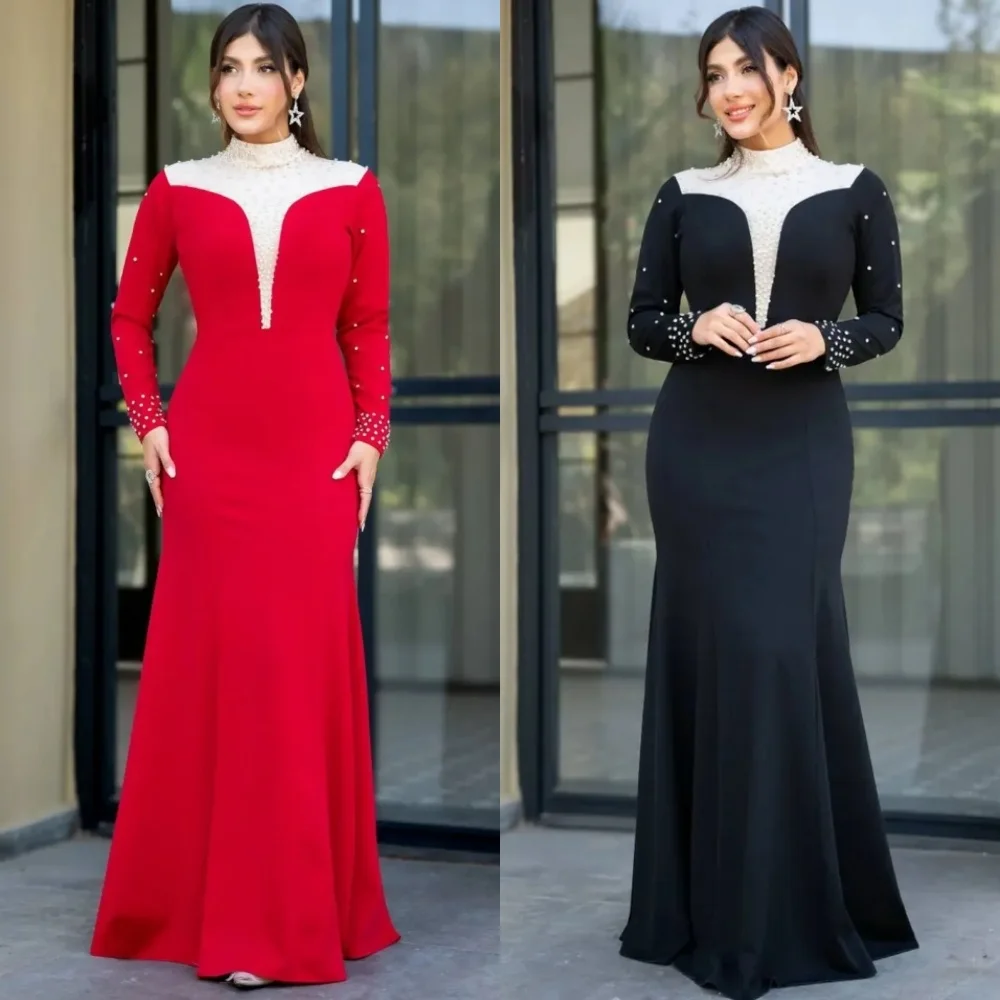 

Customized High Quality Elegant Jersey Rhinestone Pleat Mermaid High Collar Long Dresses Bespoke Occasion Dresses Classic Retro