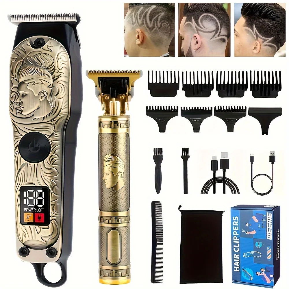 LED Display Professional Hair Clipper 0mm Vintage Beard Hair Trimmer Shaving Machine Men Barber Hair Clipper Trimmer 2-Piece Set