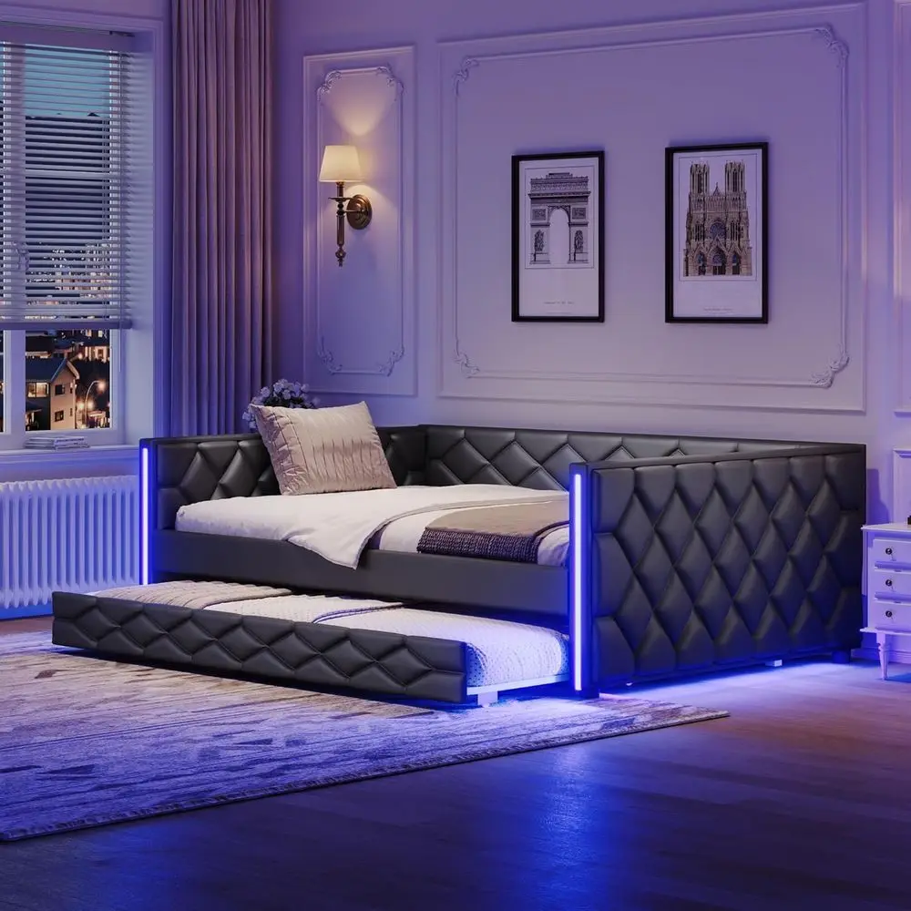 Large XL Upholstered Daybed with Trundle, LED Lights, and Diamond-Studded Backrest, Ideal for Guest or Living Room, Black Leathe