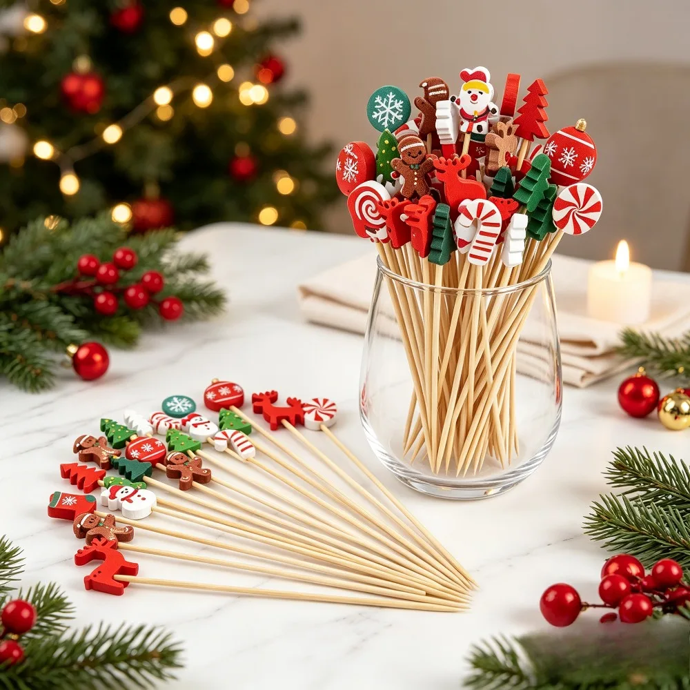 100Pcs Christmas Cocktail Picks, Christmas Toothpicks for Appetizers, Fruit, Desserts, Food, and Sandwiches, Charcuterie Skewers