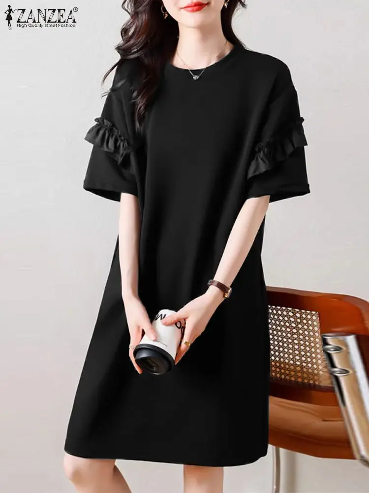 

ZANZE Women Solid Ruffle Mini Dressd Vintage Short Sleeve Vestidos 2024 Summer Casual Short Sleeve Sundress Stitching Loose Robe