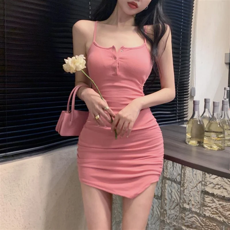 

Pink Camisole Dress, Pure Desire, Spicy Girl, Sexy, Pleated, Hip Hugging Skirt, Irregular And Unique, Waist Cinching Skirt