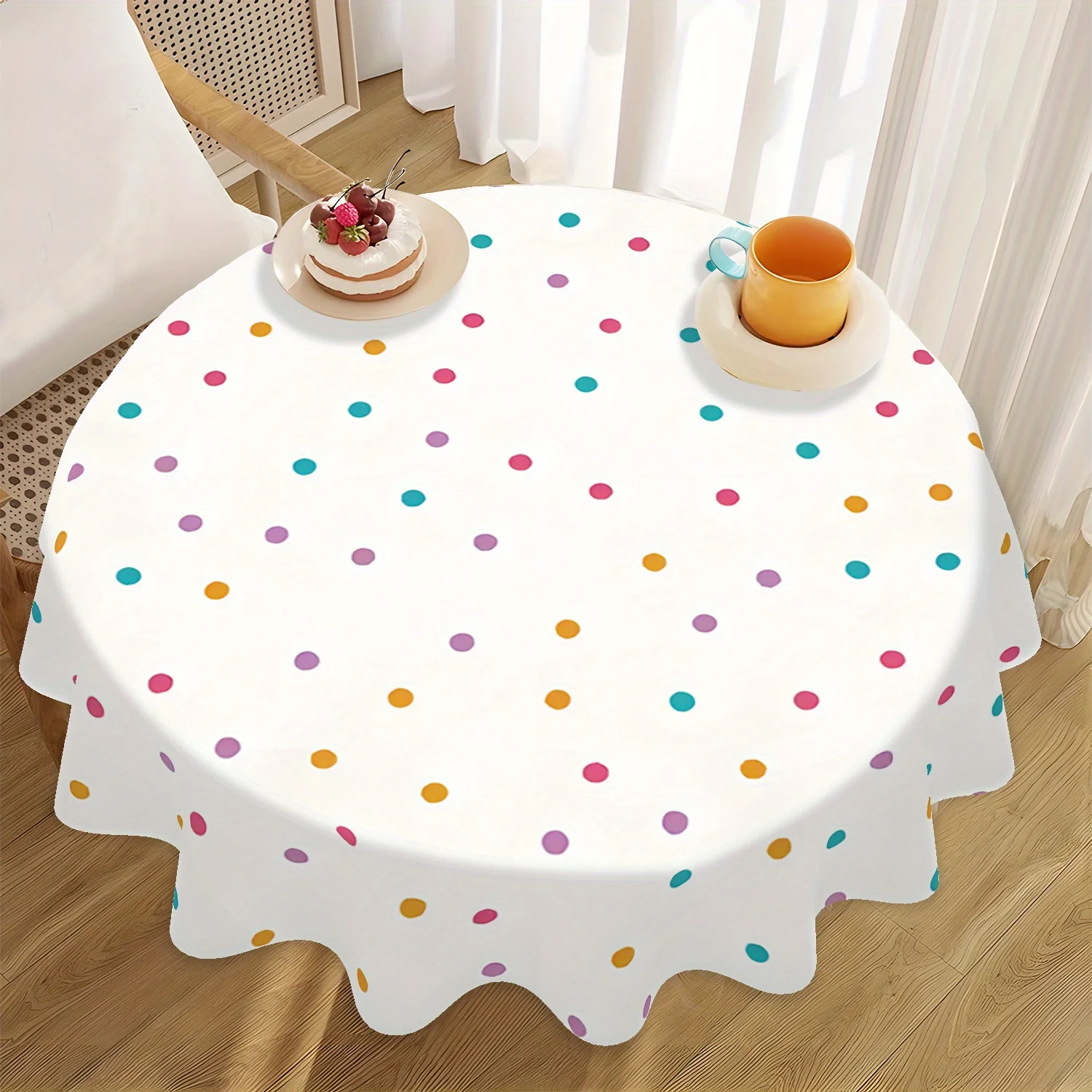1pc 61-Inch Round Colorful Graffiti Polka Dot Tablecloth - 100% Polyester Machine-Washable for Dining Table, Kitchen, Parties