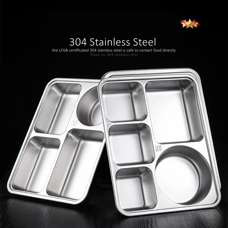LFGB Certification Pure 304 Stainless Steel School Canteen Meal Box 4 and 5 Grids Food Tray 4cm Depth Strengthen Food Container