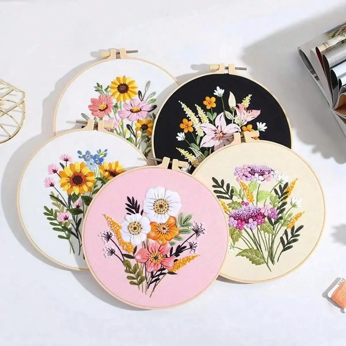 Diy Handmade Embroidery Materials With Hoop Art Needlework Cross Stitch Set Colorful Time Flower Bouquets Hanging Paintings