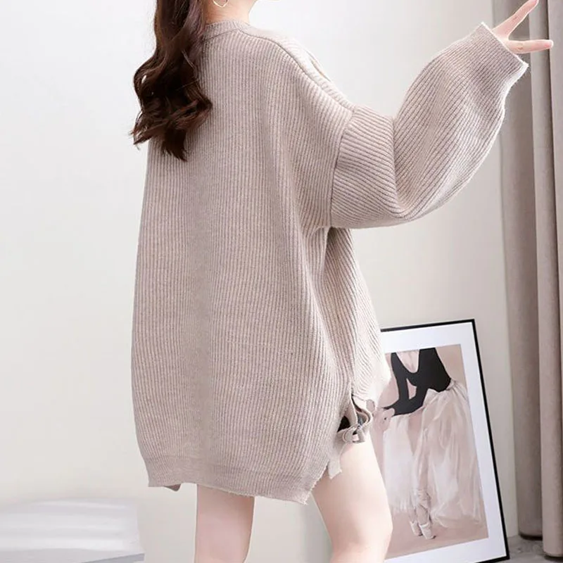 Female All-match Trend Solid Fake Two Pieces Sweaters Loose Korean Long Sleeve Warm Knitted Tops Autumn Winter Women's Clothing