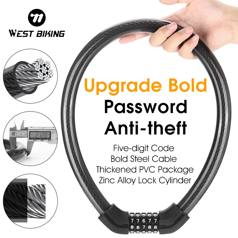 

WEST BIKING Bicycle Cable Lock 5 Digit Password Anti-theft Bike Lock Thicken Durable MTB Road Bike Motorcycle E-bike Lock