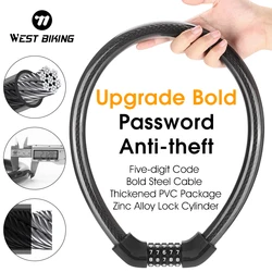 WEST BIKING Bicycle Cable Lock 5 Digit Password Anti-theft Bike Lock Thicken Durable MTB Road Bike Motorcycle E-bike Lock