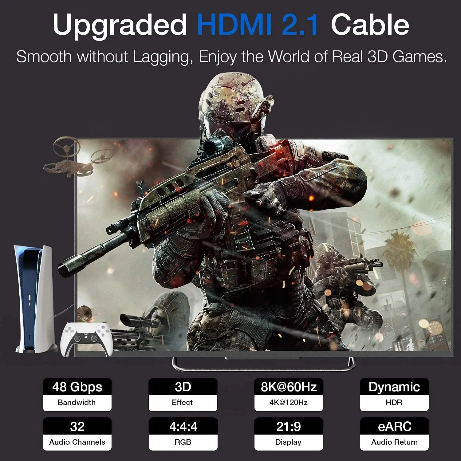 Cabo HDMI 2.1 para Projetor PC, Ultra Alta Velocidade, HDR Dinâmico, PS5, Xbox, 48Gbps, 8K @ 60Hz, 4K @ 120Hz