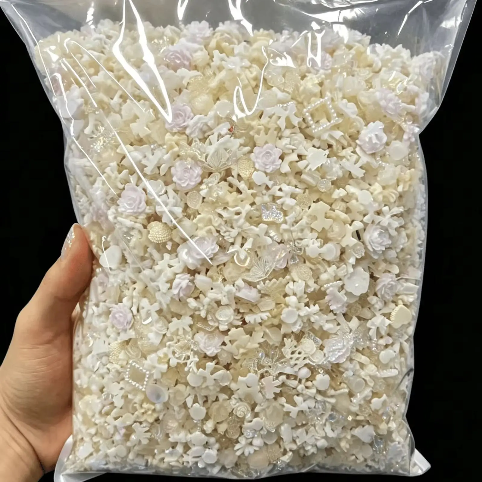 1KG Bulk White Pink Mixed Nail Charms Resin Flower Bow 3D Nail Art Decor DIY Manicure Supplies