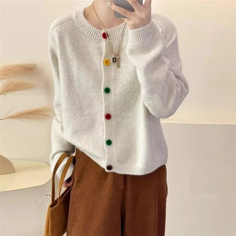 

Korean Autumn Winter New Women Sweaters Colour Buckle Jumper Female Loose Gentle Style Round Neck Short Knitted Cardigan Jacket